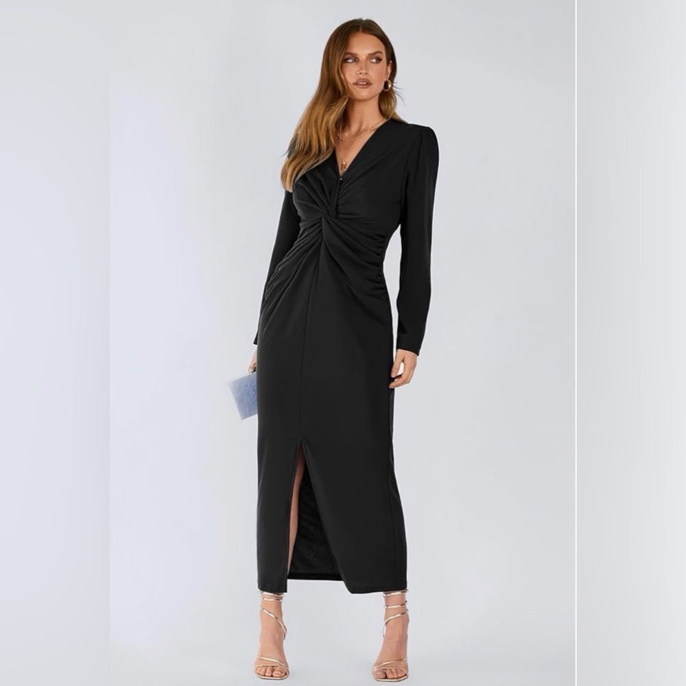 PRETTYGARDEN Women's Puff Sleeve Maxi Dress V Neck Twist Front Formal Dress